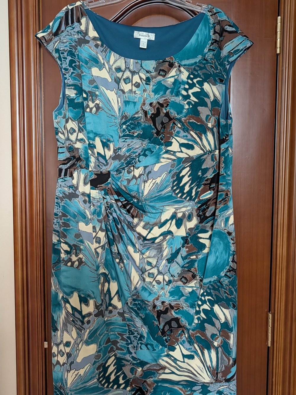 dressbarn Teal and Cream Printed Cap-Sleeve Midi Dress